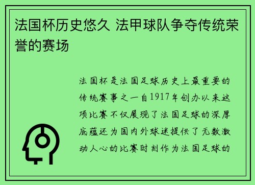 法国杯历史悠久 法甲球队争夺传统荣誉的赛场
