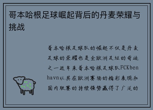 哥本哈根足球崛起背后的丹麦荣耀与挑战 哥本哈根足球崛起背后的丹麦荣耀与挑战